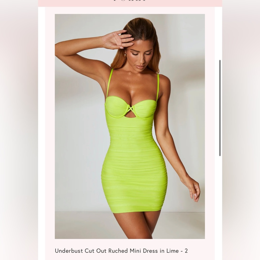 Oh Polly Underbust Cut Out Ruched Mini Dress in Lime